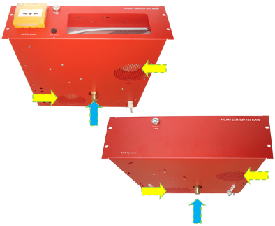 AGC Master Extinguishing Apparatus (left) and AGC Slave Extinguishing Apparatus (right) with the marked placing of the optical smoke detectors and nozzles