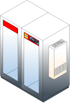 Air conditioned industrial IT rack cabinets IP54 joined sideways with assembled AGC Master and AGC Slave Extinguishing Apparatuses